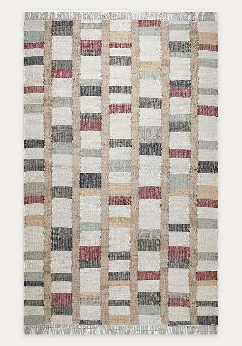 Jute Wool Handmade Ivory Rug | Eclectic Plaid Carpet For Living Room
