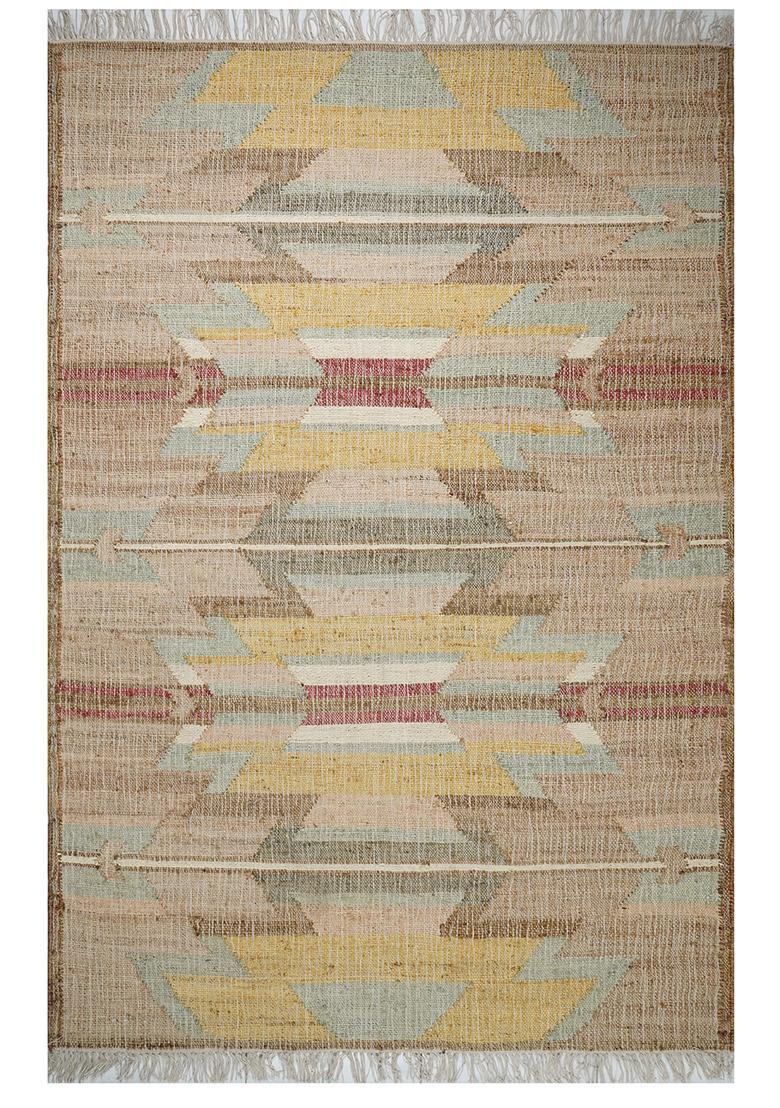 Saffron Rugs Flat Woven Tan Geometric Bohemian Rectangular Wool Area Rug - Indya