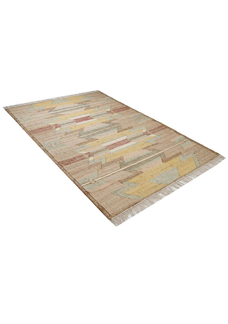 Saffron Rugs Flat Woven Tan Geometric Bohemian Rectangular Wool Area Rug - Indya