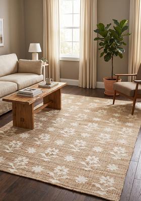 Saffron Rugs Flat Woven Natural Jute & Wool Area Rug | Tan Natural Rectangular Rug | Shabby Chic Floral Home Decor Carpet for Living Room Bedroom