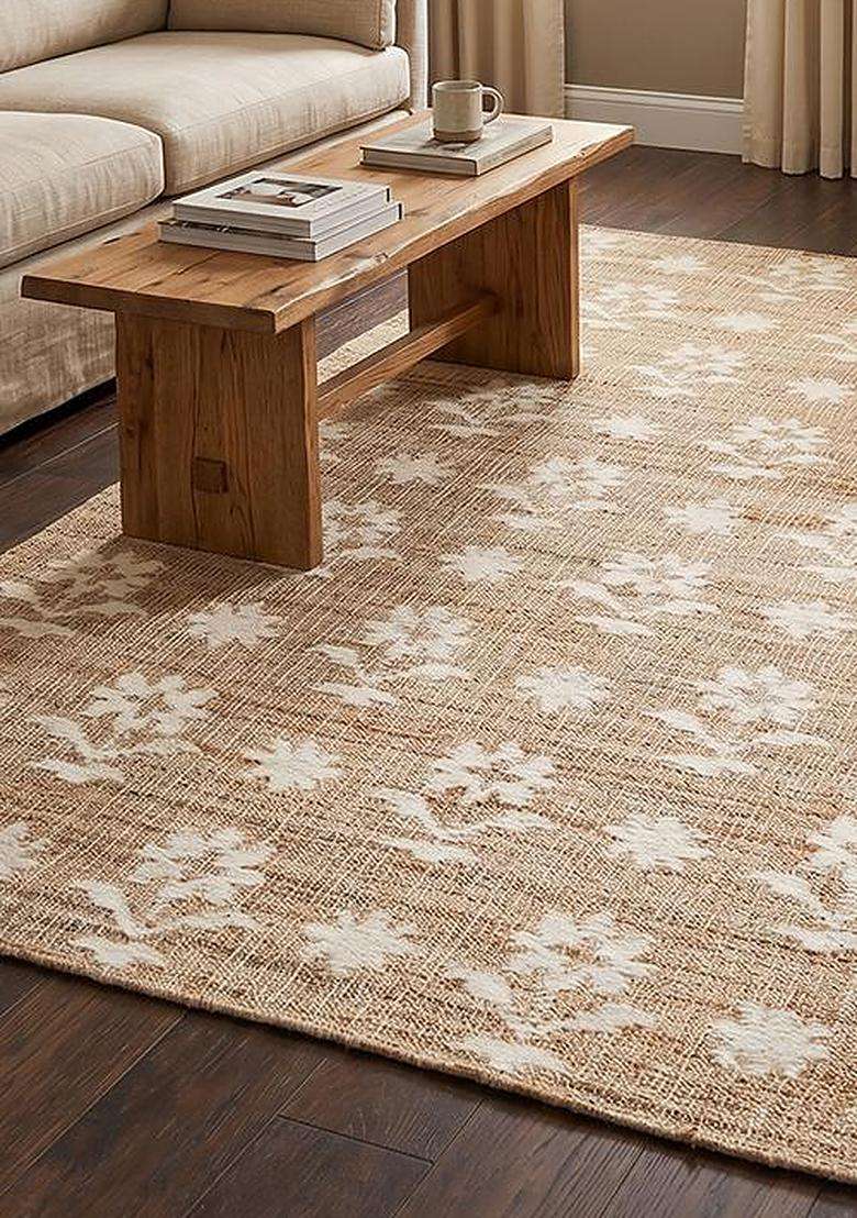 Saffron Rugs Tan Natural Floral Flat Weave Jute and Wool Rectangular Rug - Indya