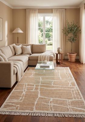 Saffron Rugs Flat Woven Tan Geometric Mid-Century Modern Rectangular Wool Area Rug