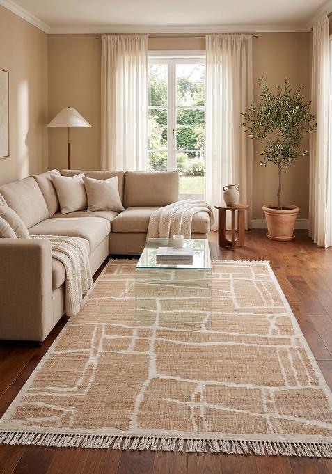 Saffron Rugs Flat Woven Tan Geometric Mid-Century Modern Rectangular Wool Area Rug