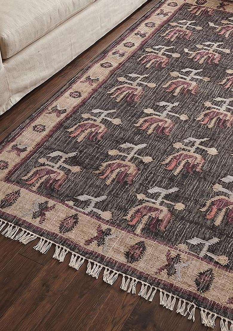 100% Jute Handmade Dark Brown Rug | Old World Floral Carpet For Living Room - Indya