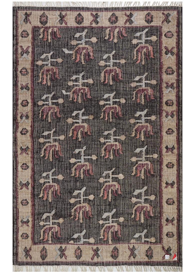 Saffron Rugs Flat Woven Dark Brown Floral Old World Rectangular Wool Area Rug - Indya