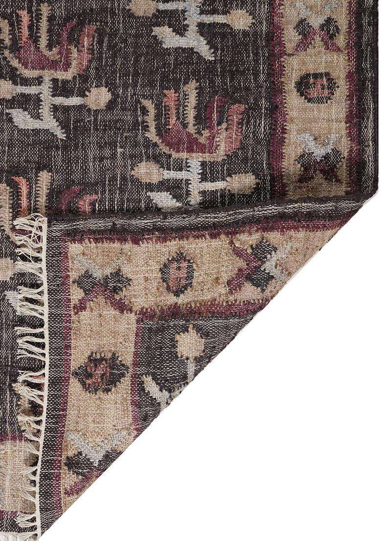 100% Jute Handmade Dark Brown Rug | Old World Floral Carpet For Living Room - Indya