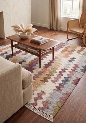 Saffron Rugs Flat Woven Ivory Chevron Bohemian Rectangular Wool Area Rug