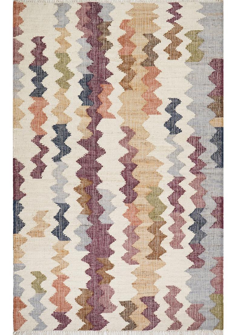 Saffron Rugs Flat Woven Ivory Chevron Bohemian Rectangular Wool Area Rug - Indya