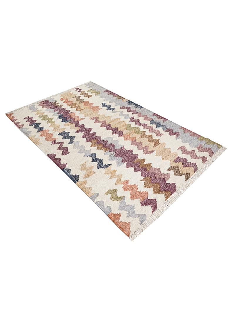Saffron Rugs Flat Woven Ivory Chevron Bohemian Rectangular Wool Area Rug - Indya