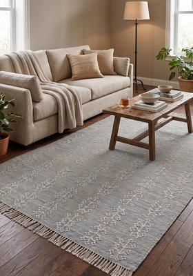 Saffron Rugs Flat Woven Blue Floral Scandinavian Rectangular Wool Area Rug