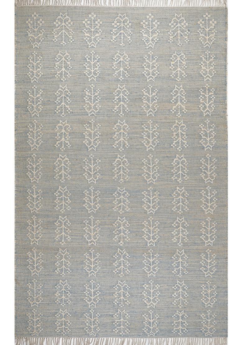 Saffron Rugs Flat Woven Blue Floral Scandinavian Rectangular Wool Area Rug - Indya