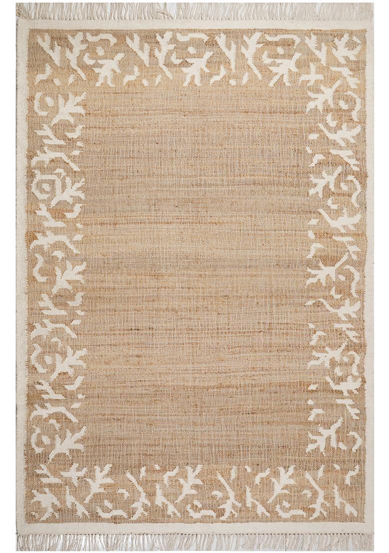 Saffron Rugs Flat Woven Tan Floral Bohemian Rectangular Wool Area Rug - Indya