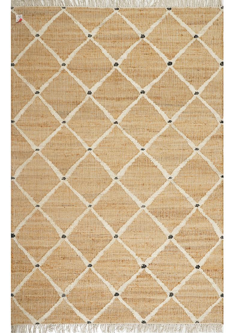 Saffron Rugs Flat Woven Tan Trellis Moroccan Rectangular Wool Area Rug - Indya