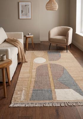 Saffron Rugs Flat Woven Tan Geometric Mid-Century Modern Rectangular Wool Area Rug