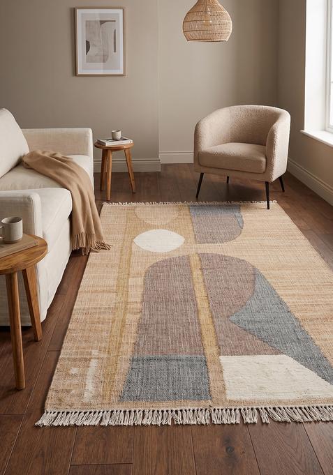 Saffron Rugs Flat Woven Tan Geometric Mid-Century Modern Rectangular Wool Area Rug