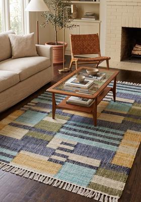 Saffron Rugs Flat Woven Blue Checkered Eclectic Rectangular Wool Area Rug