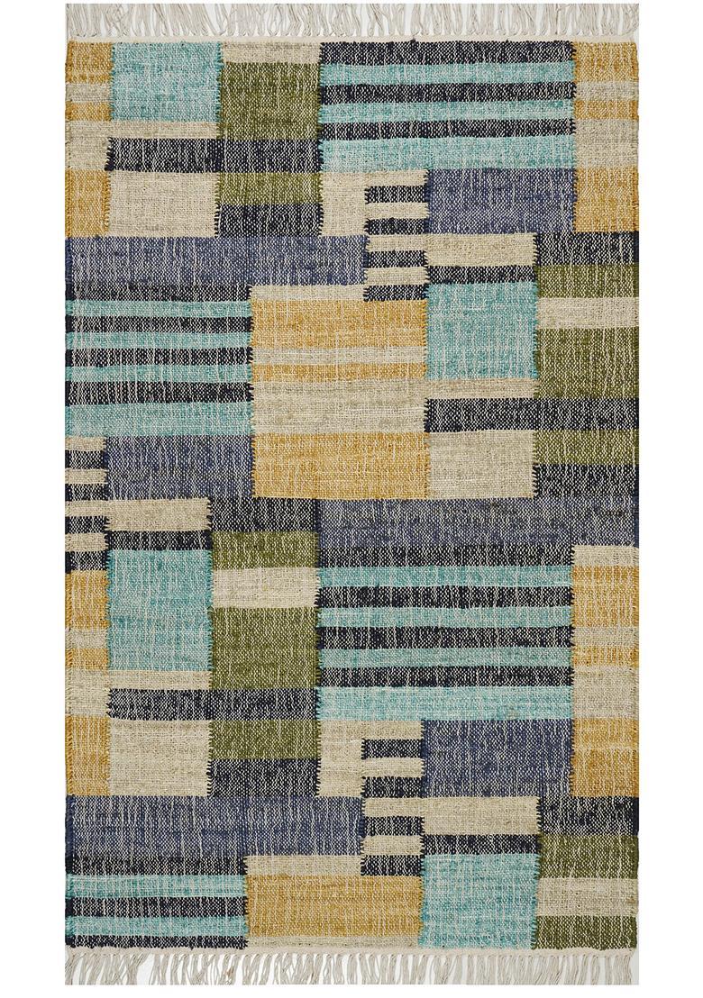 Saffron Rugs Flat Woven Blue Checkered Eclectic Rectangular Wool Area Rug - Indya