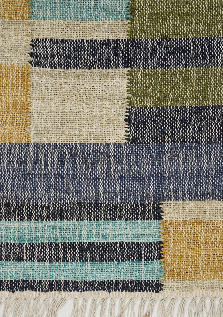 Saffron Rugs Flat Woven Blue Checkered Eclectic Rectangular Wool Area Rug - Indya