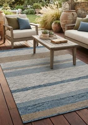 Saffron Rugs Flat Woven Blue Grey Striped Transitional Rectangular Wool Area Rug