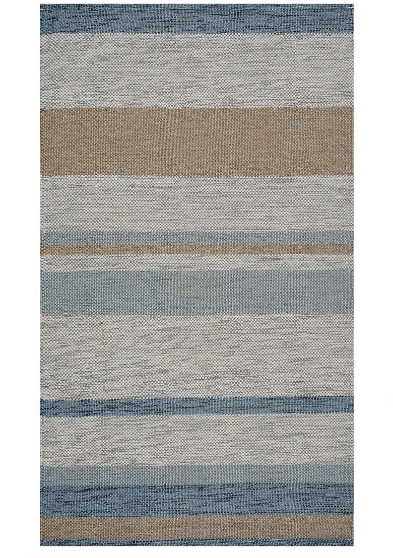 Saffron Rugs Flat Woven Blue Grey Striped Transitional Rectangular Wool Area Rug - Indya