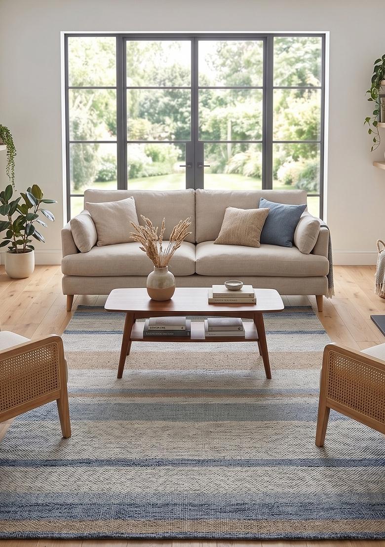 Saffron Rugs Flat Woven Blue Grey Striped Transitional Rectangular Wool Area Rug - Indya