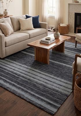 Saffron Rugs Flat Woven Dark Grey Blue Striped Casual Rectangular Wool Area Rug