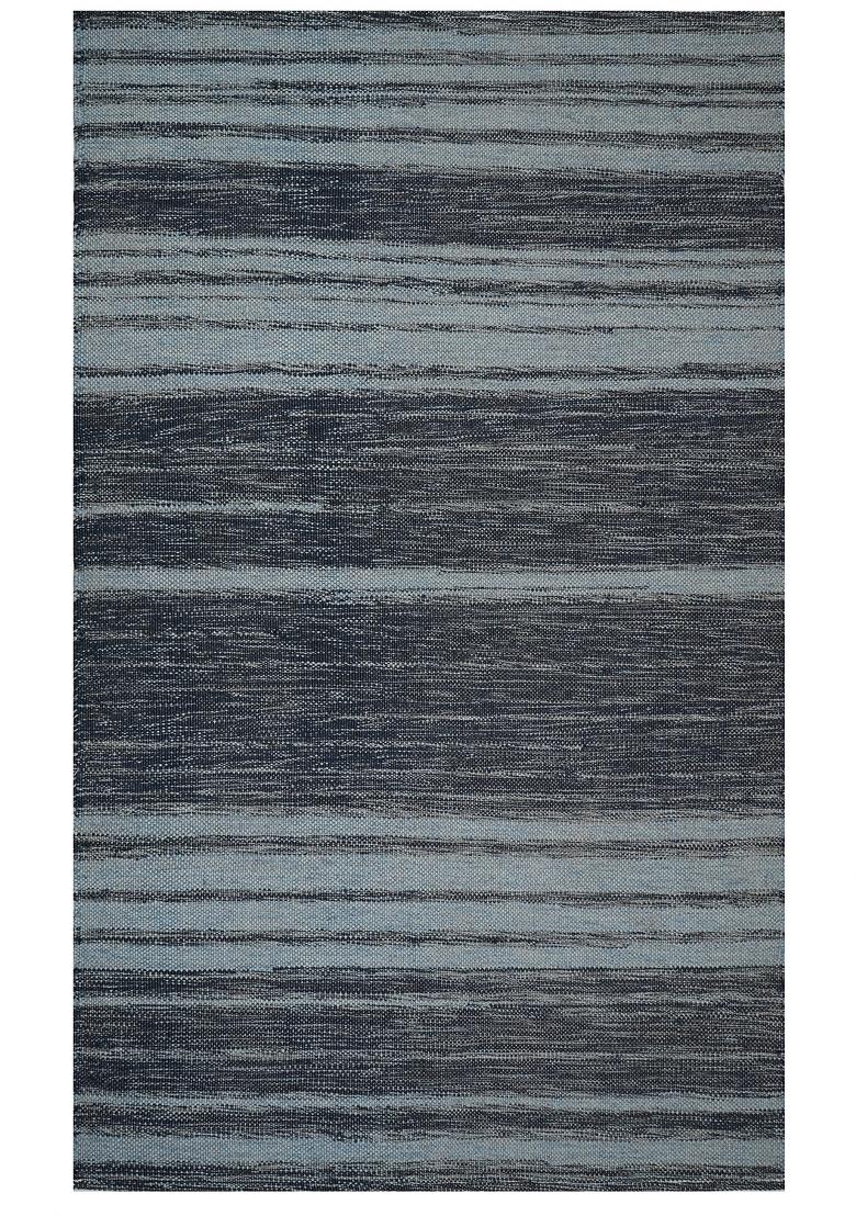 Saffron Rugs Flat Woven Dark Grey Blue Striped Casual Rectangular Wool Area Rug - Indya