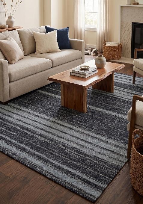 Saffron Rugs Flat Woven Dark Grey Blue Striped Casual Rectangular Wool Area Rug