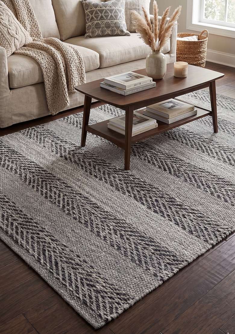 Handmade Grey Rug | Transitional Herringbone Carpet For Living Room - Indya
