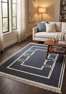 Saffron Rugs Flat Woven Navy Blue Geometric Bohemian Rectangular Wool Area Rug
