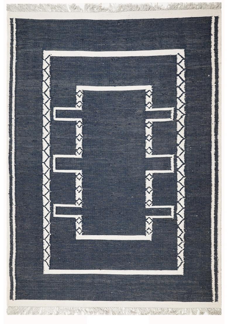 Saffron Rugs Flat Woven Navy Blue Geometric Bohemian Rectangular Wool Area Rug - Indya