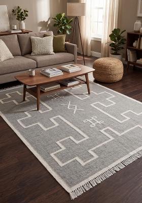 Saffron Rugs Flat Woven Grey Geometric Bohemian Rectangular Wool Area Rug