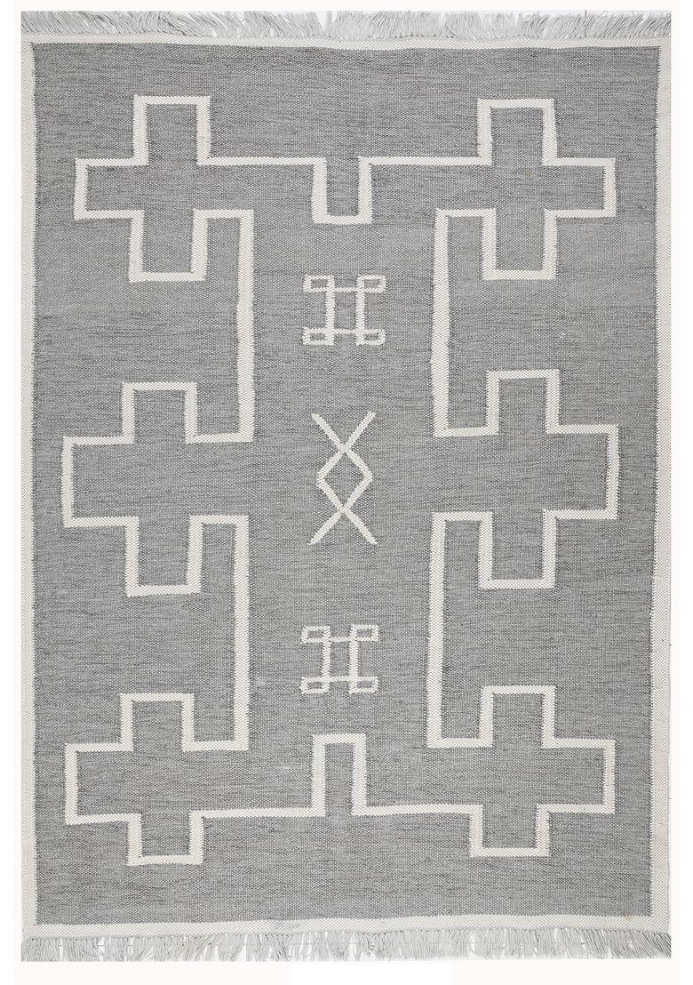 Saffron Rugs Flat Woven Grey Geometric Bohemian Rectangular Wool Area Rug - Indya