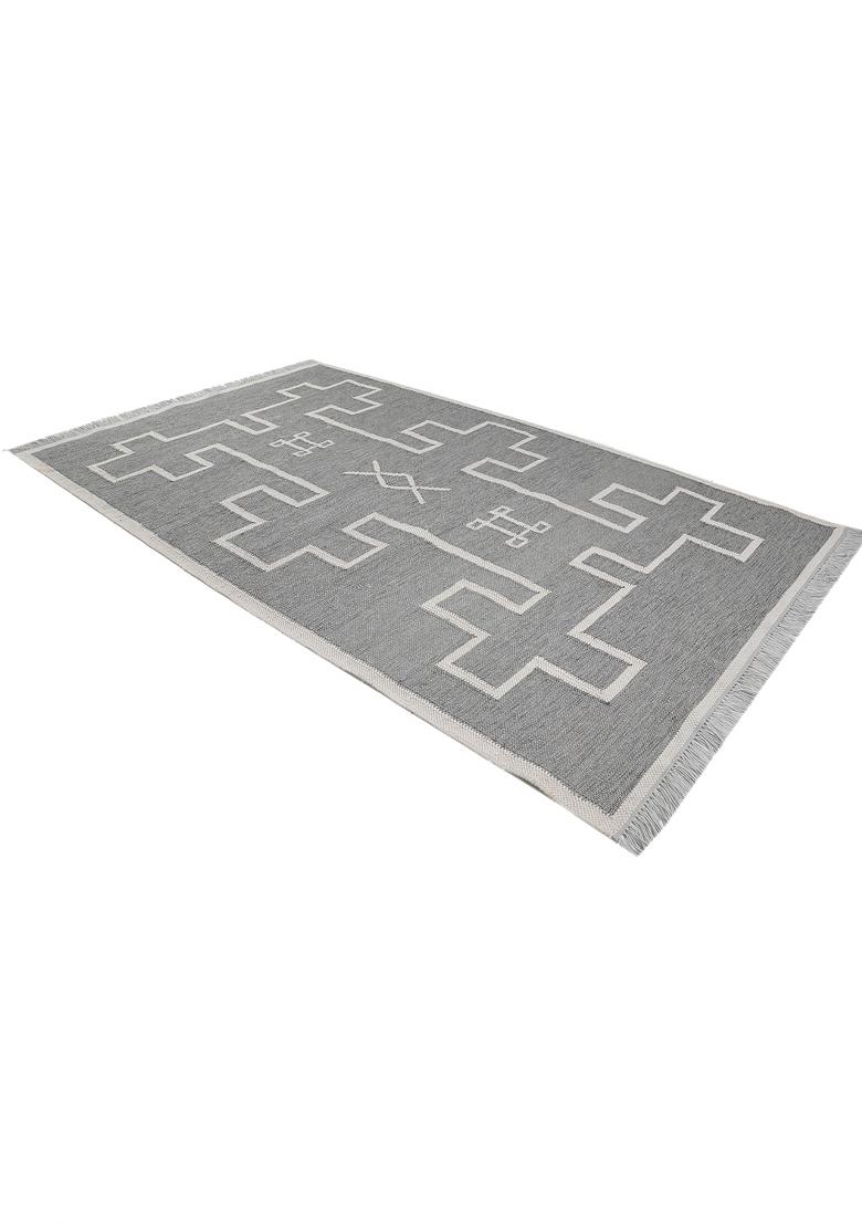 Saffron Rugs Flat Woven Grey Geometric Bohemian Rectangular Wool Area Rug - Indya