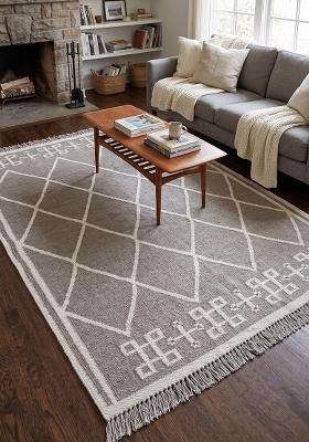 Saffron Rugs Flat Woven Grey Trellis Moroccan Rectangular Wool Area Rug