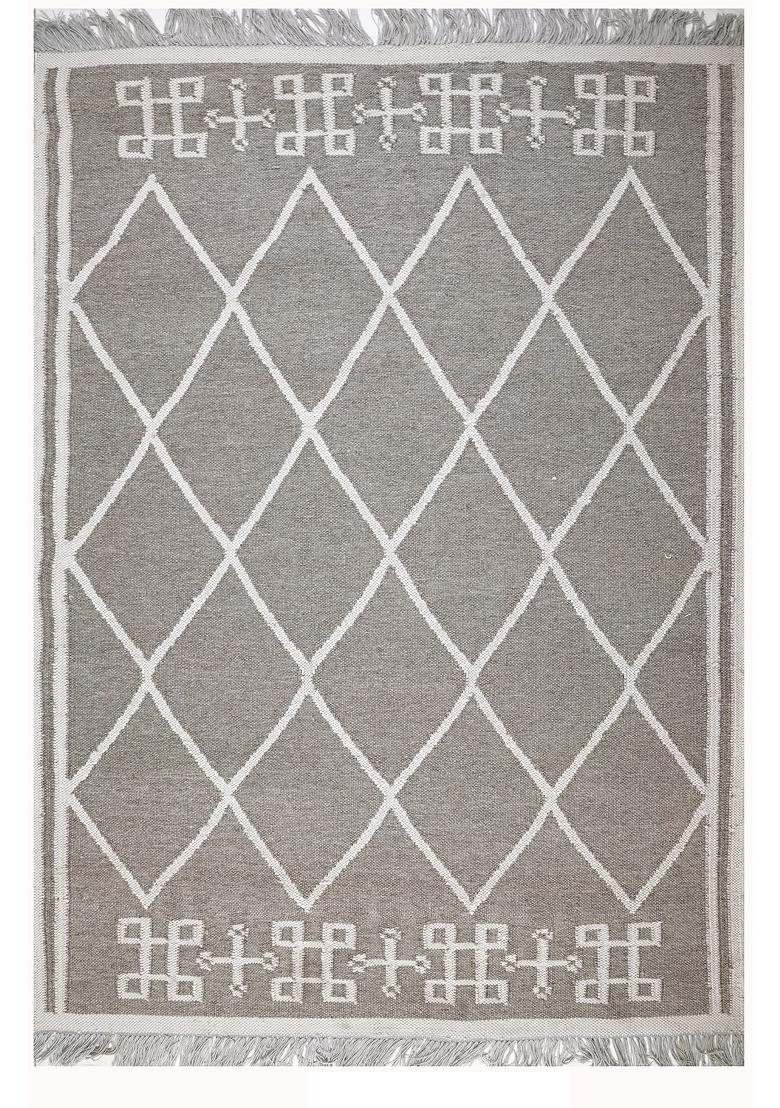Saffron Rugs Flat Woven Grey Trellis Moroccan Rectangular Wool Area Rug - Indya