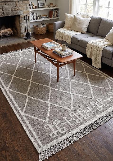 Saffron Rugs Flat Woven Grey Trellis Moroccan Rectangular Wool Area Rug