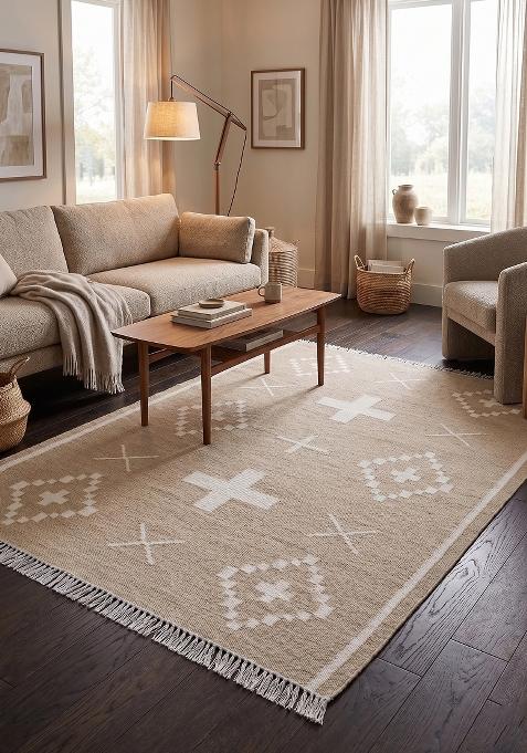 Saffron Rugs Flat Woven Beige Geometric Bohemian Rectangular Wool Area Rug