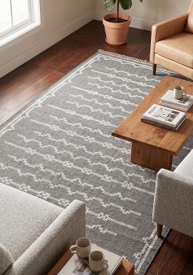 Saffron Rugs Flat Woven Charcoal Grey Geometric Bohemian Rectangular Wool Area Rug