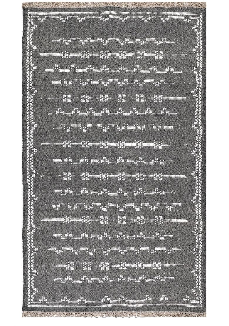 Saffron Rugs Flat Woven Charcoal Grey Geometric Bohemian Rectangular Wool Area Rug - Indya