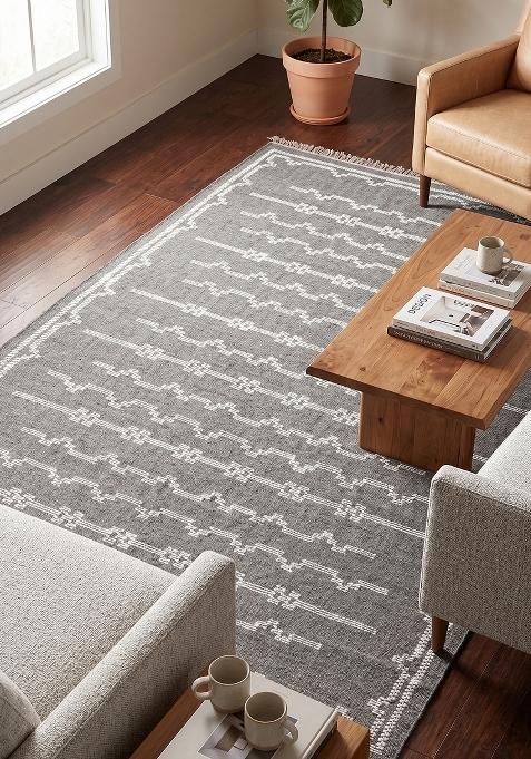 Saffron Rugs Flat Woven Charcoal Grey Geometric Bohemian Rectangular Wool Area Rug