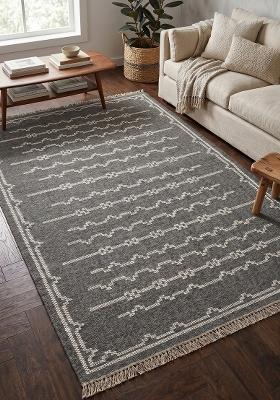 Saffron Rugs Flat Woven Charcoal Grey Geometric Bohemian Rectangular Wool Area Rug