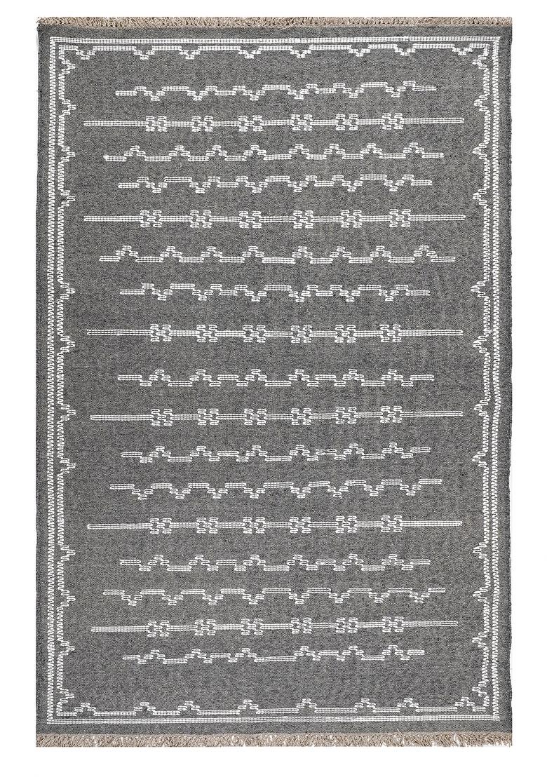 Saffron Rugs Flat Woven Charcoal Grey Geometric Bohemian Rectangular Wool Area Rug - Indya