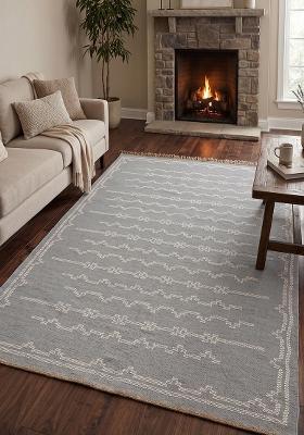 Saffron Rugs Flat Woven Blue Grey Geometric Bohemian Rectangular Wool Area Rug