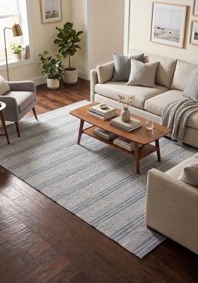 Saffron Rugs Flat Woven Blue Grey Striped Coastal Rectangular Wool Area Rug