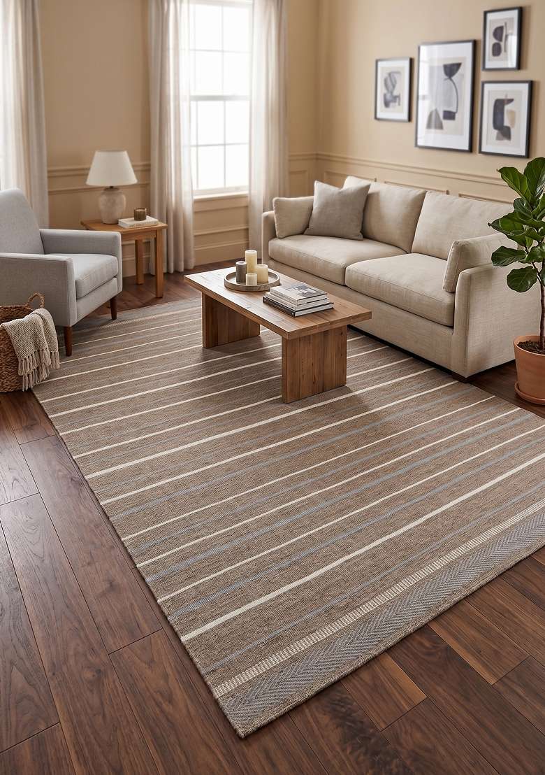 Handmade Brown Rug | Transitional Striped Carpet For Living Room - Indya