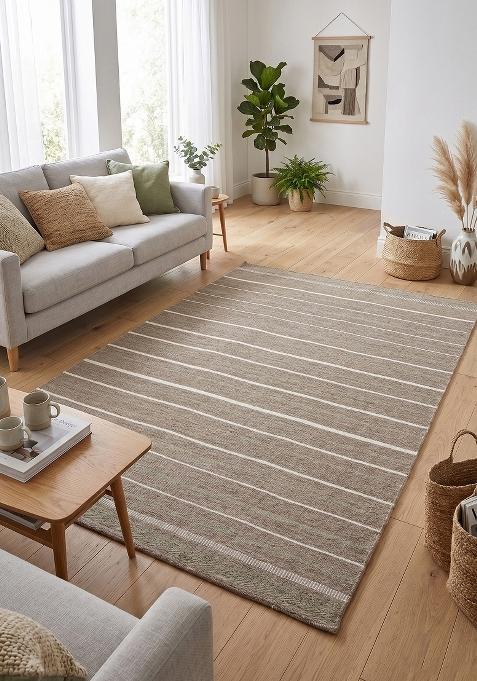 Saffron Rugs Flat Woven Tan Striped Casual Rectangular Wool Area Rug