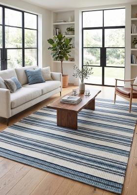 Saffron Rugs Flat Woven Blue and Ivory Striped Coastal Rectangular Wool Area Rug