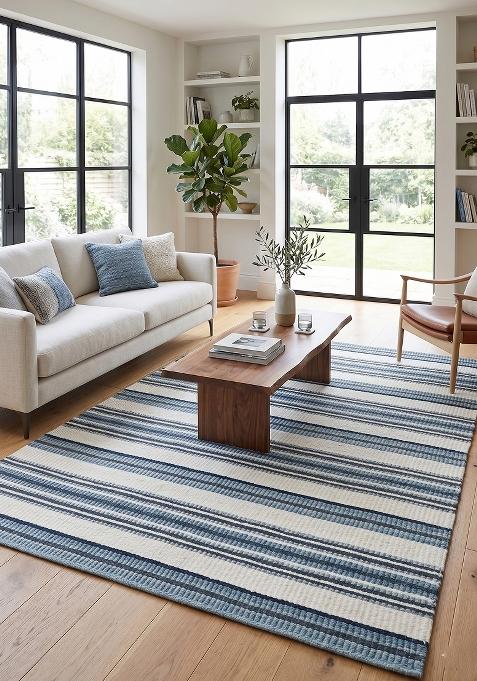 Saffron Rugs Flat Woven Blue and Ivory Striped Coastal Rectangular Wool Area Rug