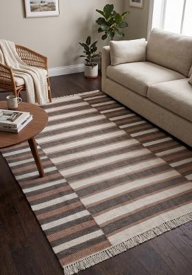Saffron Rugs Flat Woven Cream And Brown Striped Contemporary Rectangular Wool Area Rug